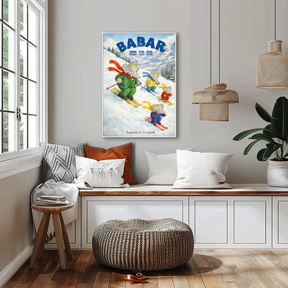 Babar the Elephant Skiing Poster - Babar Fait Du Ski Vintage Print - Retro Nursery Wall Art