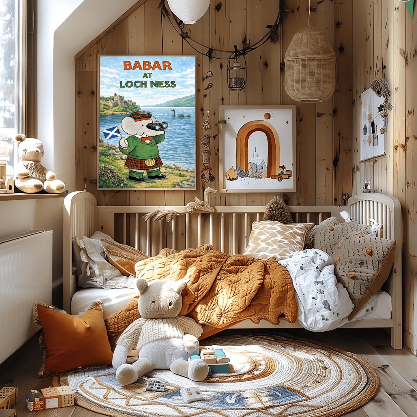 Babar at Loch Ness Poster - Scottish Highland Elephant Art - Retro Nessie Illustration - Kids Adventure Wall Decor