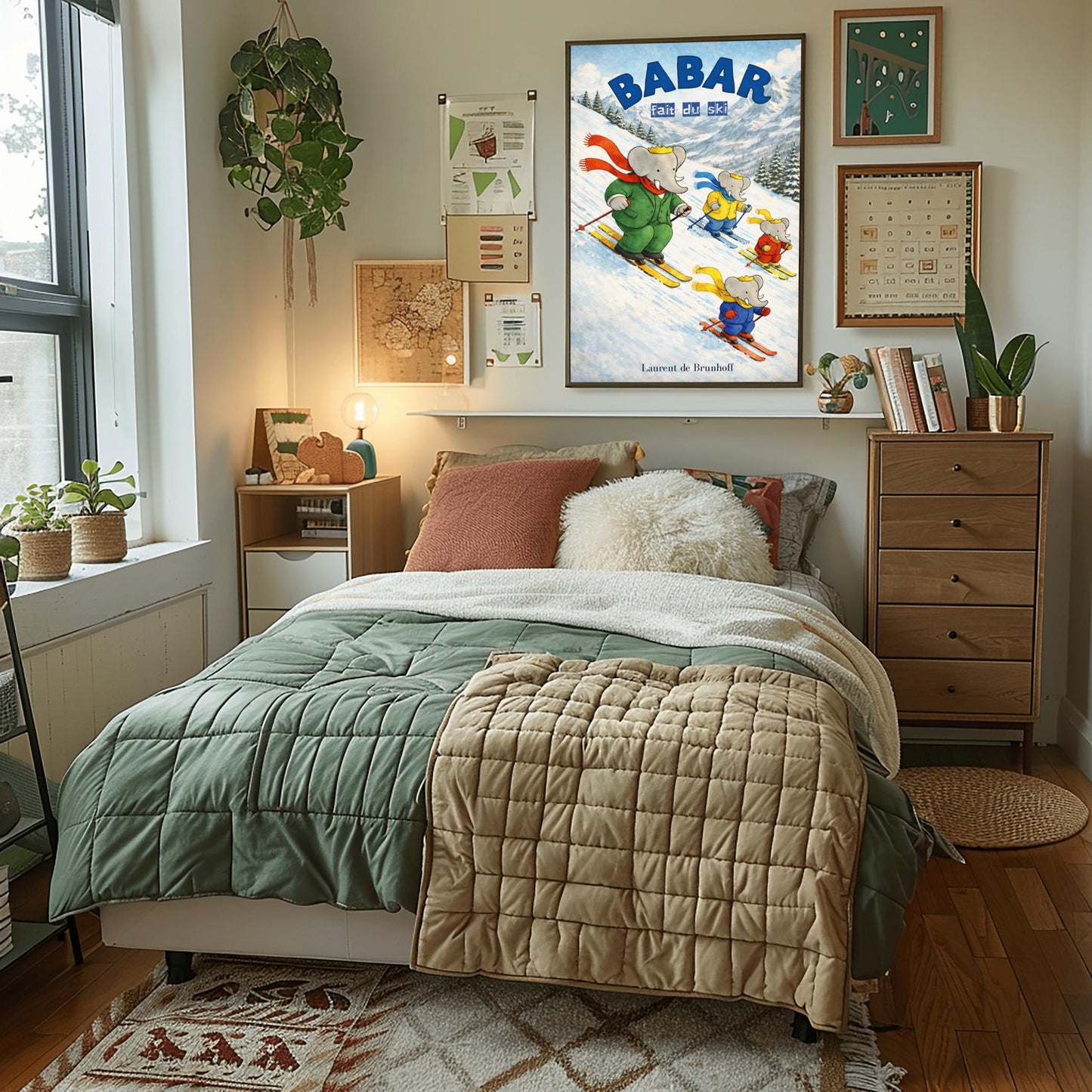Babar the Elephant Skiing Poster - Babar Fait Du Ski Vintage Print - Retro Nursery Wall Art