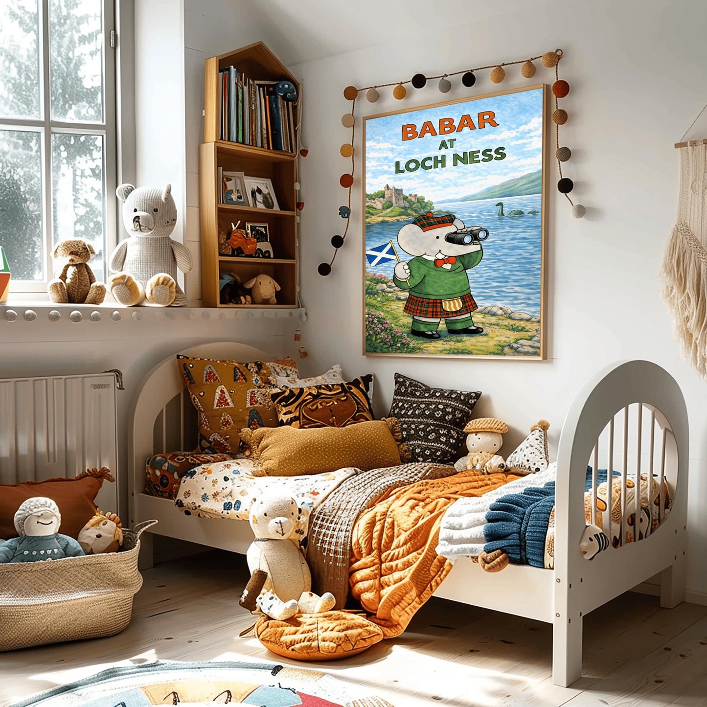 Babar at Loch Ness Poster - Scottish Highland Elephant Art - Retro Nessie Illustration - Kids Adventure Wall Decor