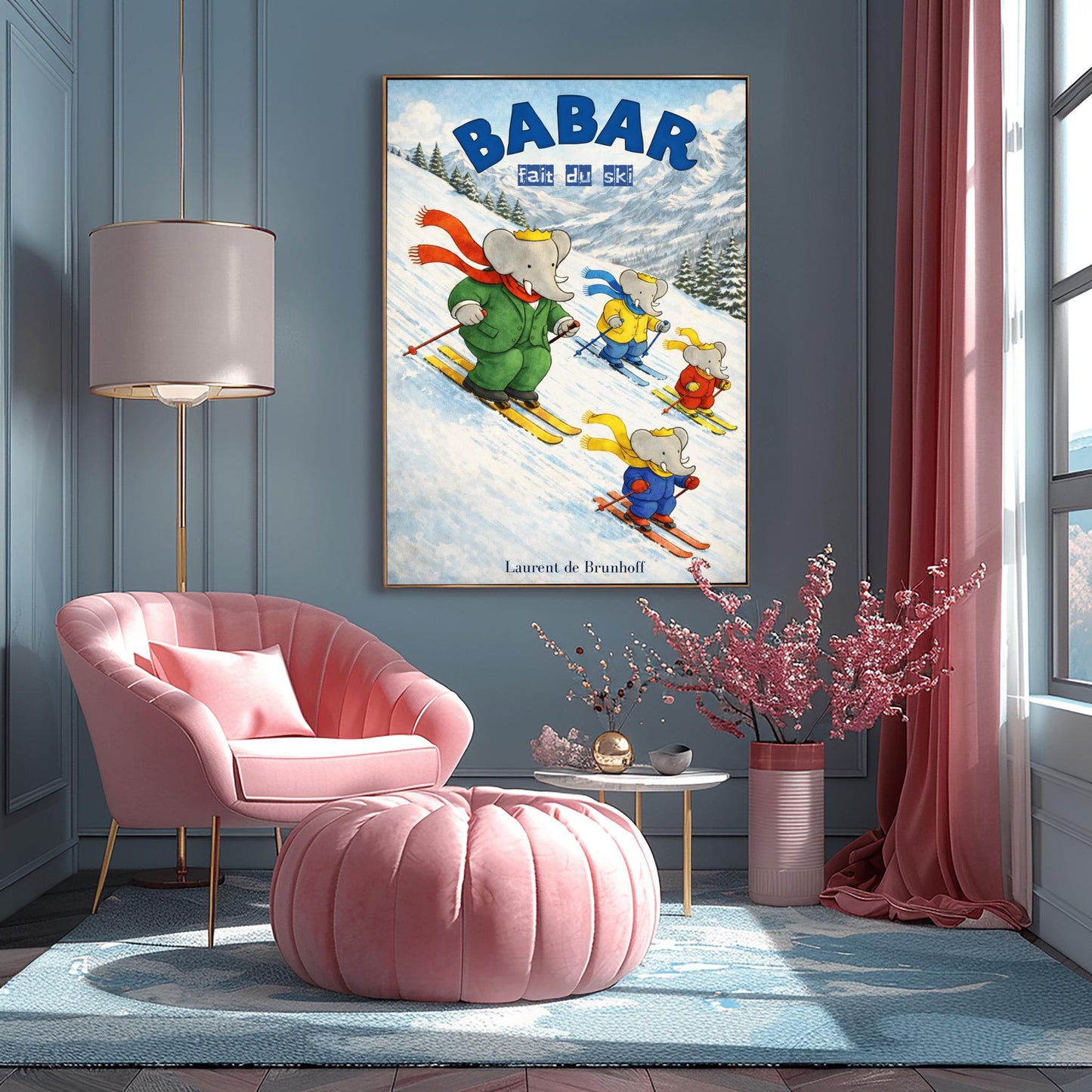 Babar the Elephant Skiing Poster - Babar Fait Du Ski Vintage Print - Retro Nursery Wall Art