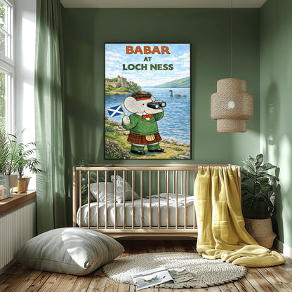 Babar at Loch Ness Poster - Scottish Highland Elephant Art - Retro Nessie Illustration - Kids Adventure Wall Decor