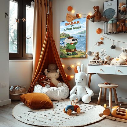 Babar at Loch Ness Poster - Scottish Highland Elephant Art - Retro Nessie Illustration - Kids Adventure Wall Decor