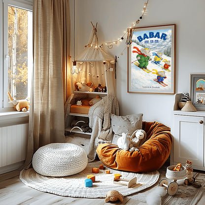 Babar the Elephant Skiing Poster - Babar Fait Du Ski Vintage Print - Retro Nursery Wall Art