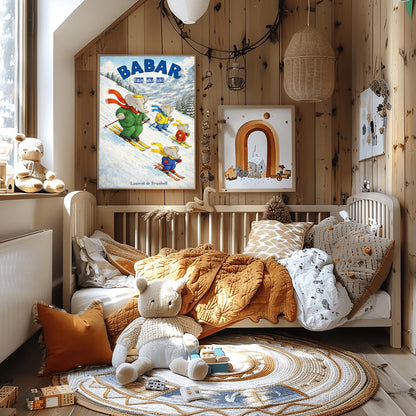 Babar the Elephant Skiing Poster - Babar Fait Du Ski Vintage Print - Retro Nursery Wall Art
