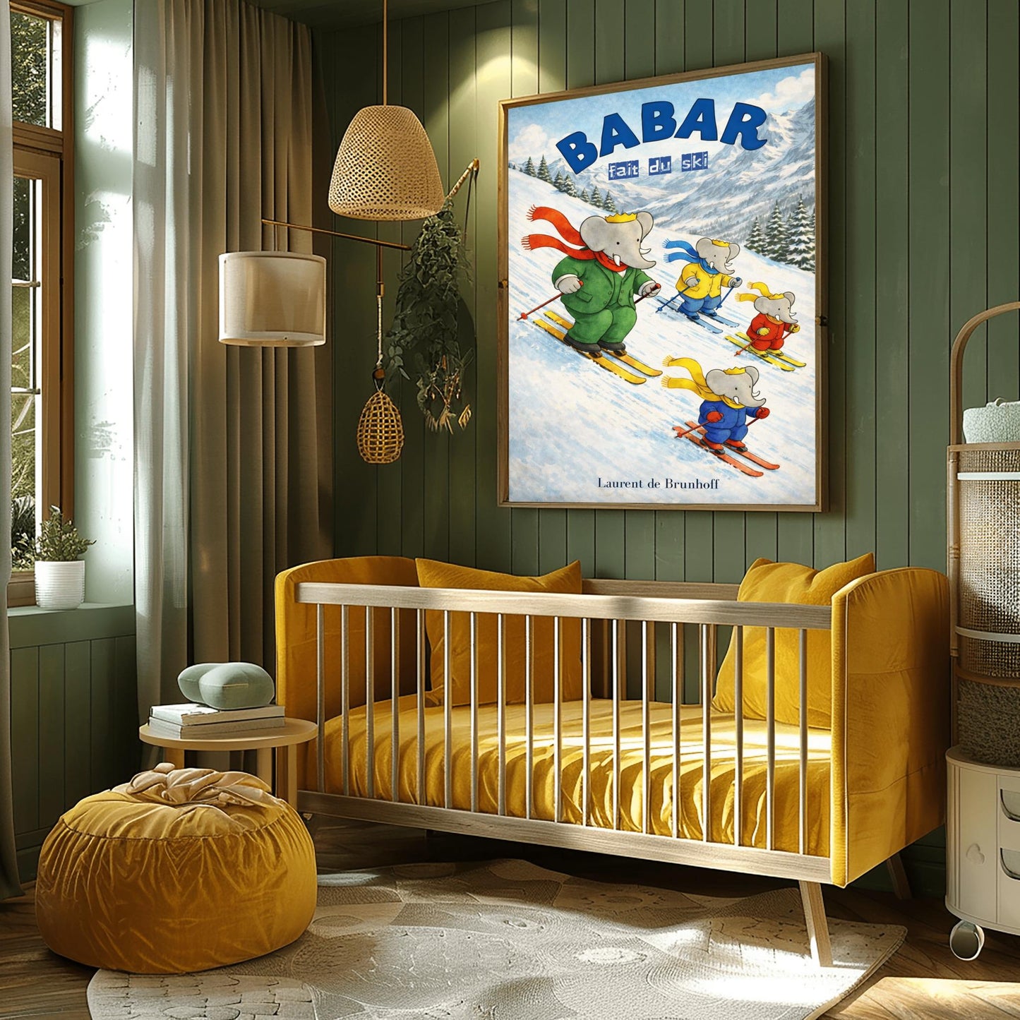 Babar the Elephant Skiing Poster - Babar Fait Du Ski Vintage Print - Retro Nursery Wall Art