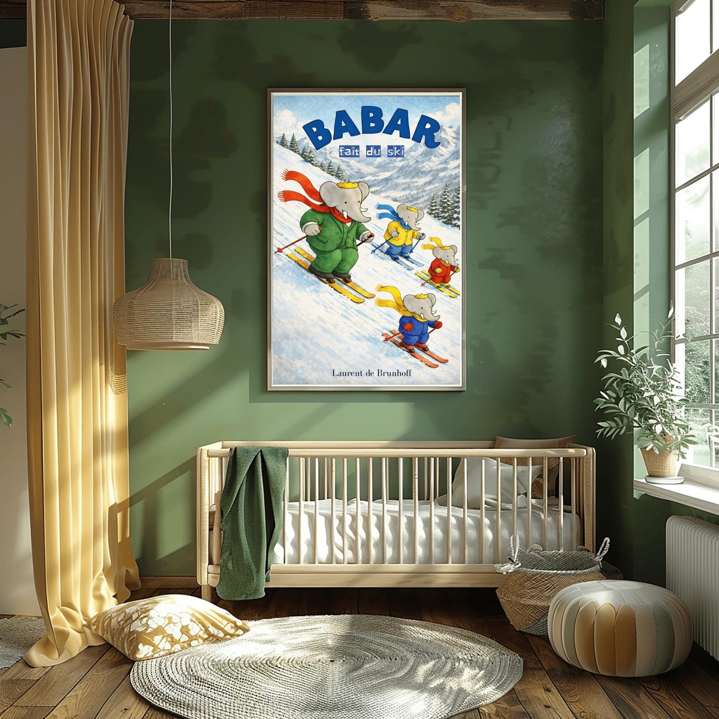 Babar the Elephant Skiing Poster - Babar Fait Du Ski Vintage Print - Retro Nursery Wall Art