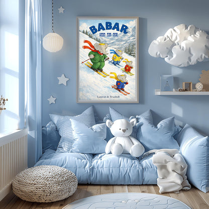 Babar the Elephant Skiing Poster - Babar Fait Du Ski Vintage Print - Retro Nursery Wall Art