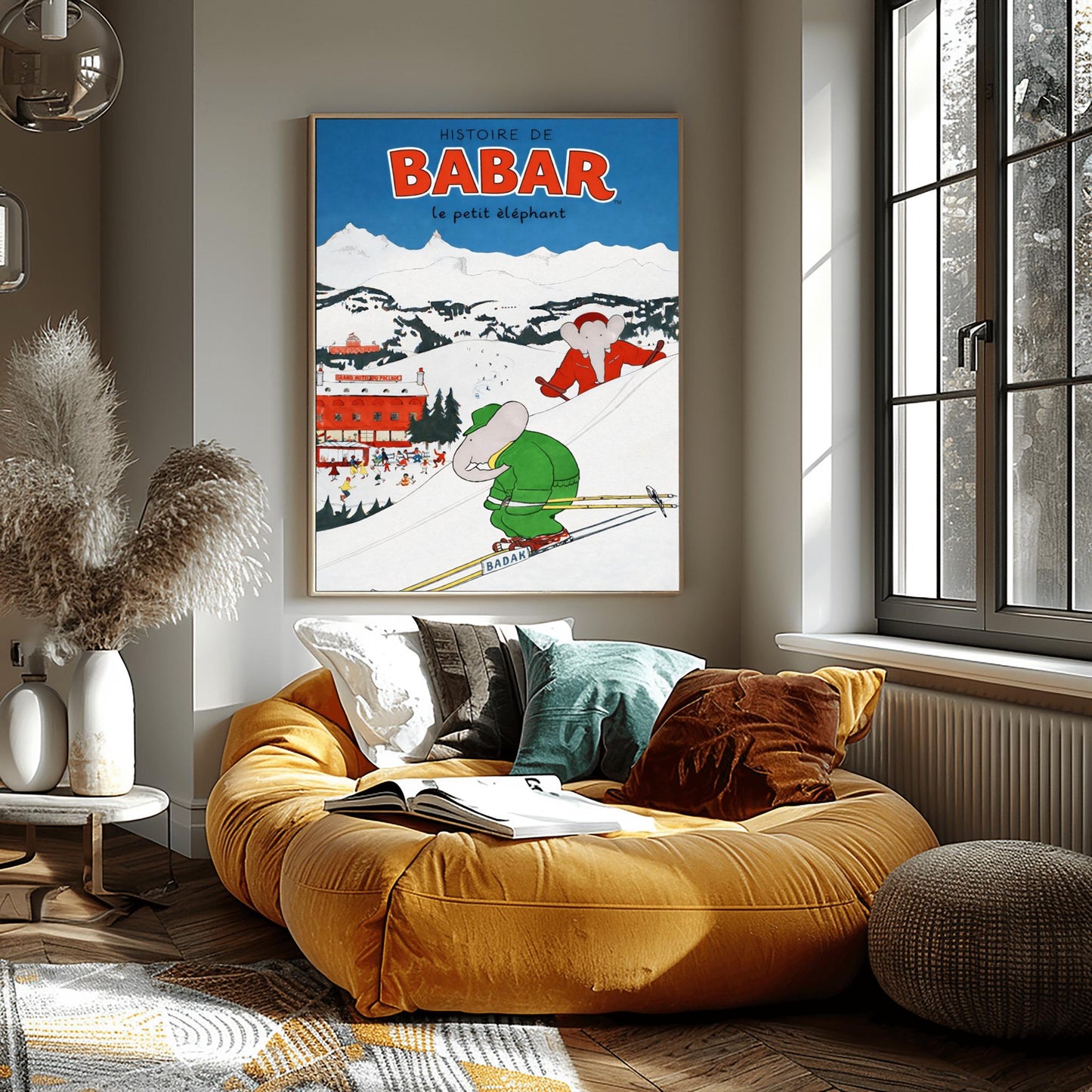Histoire de Babar Skiing Poster - Vintage Alpine Winter Art - Jean de Brunhoff Retro Print