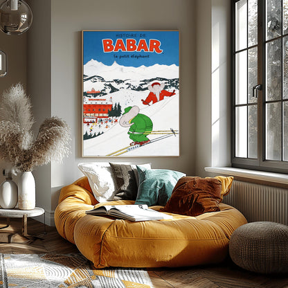 Histoire de Babar Skiing Poster - Vintage Alpine Winter Art - Jean de Brunhoff Retro Print