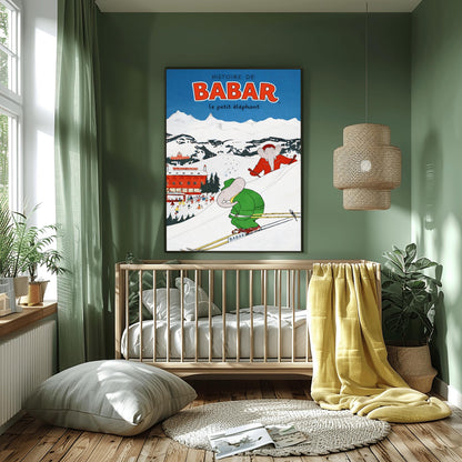 Histoire de Babar Skiing Poster - Vintage Alpine Winter Art - Jean de Brunhoff Retro Print