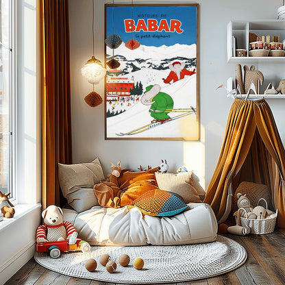 Histoire de Babar Skiing Poster - Vintage Alpine Winter Art - Jean de Brunhoff Retro Print