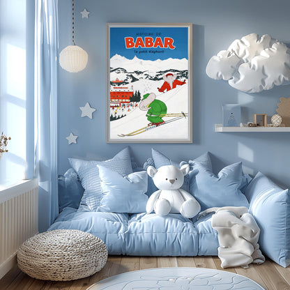 Histoire de Babar Skiing Poster - Vintage Alpine Winter Art - Jean de Brunhoff Retro Print