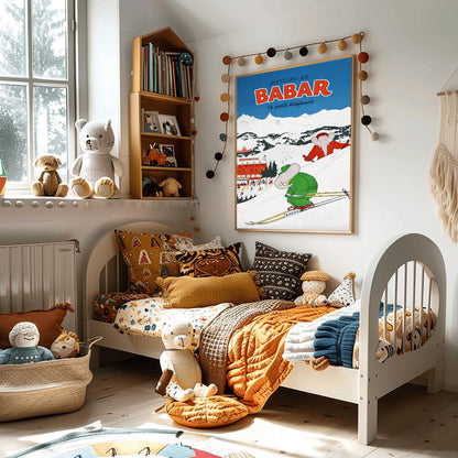 Histoire de Babar Skiing Poster - Vintage Alpine Winter Art - Jean de Brunhoff Retro Print