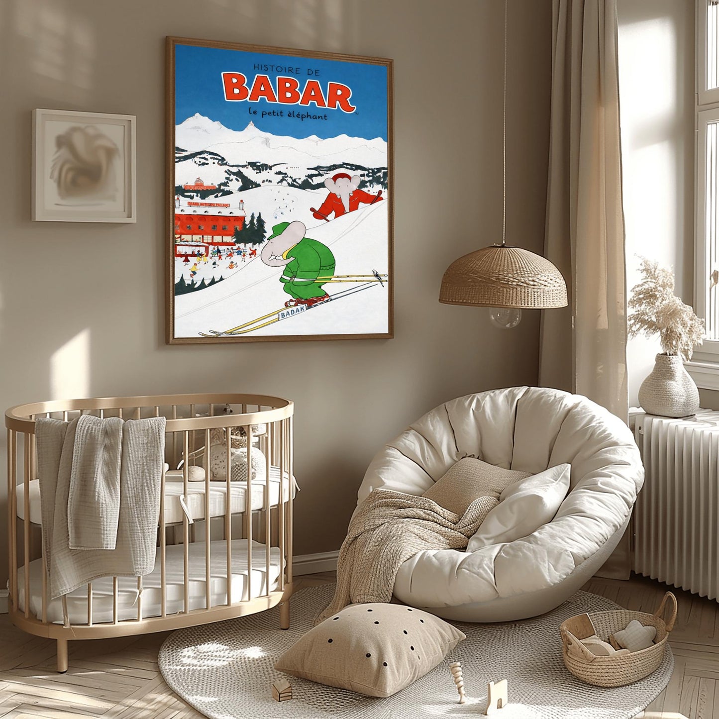 Histoire de Babar Skiing Poster - Vintage Alpine Winter Art - Jean de Brunhoff Retro Print