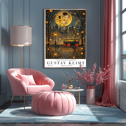 Gustav Klimt Night Kiss Exhibition Poster - New York City Skyline Wall Art