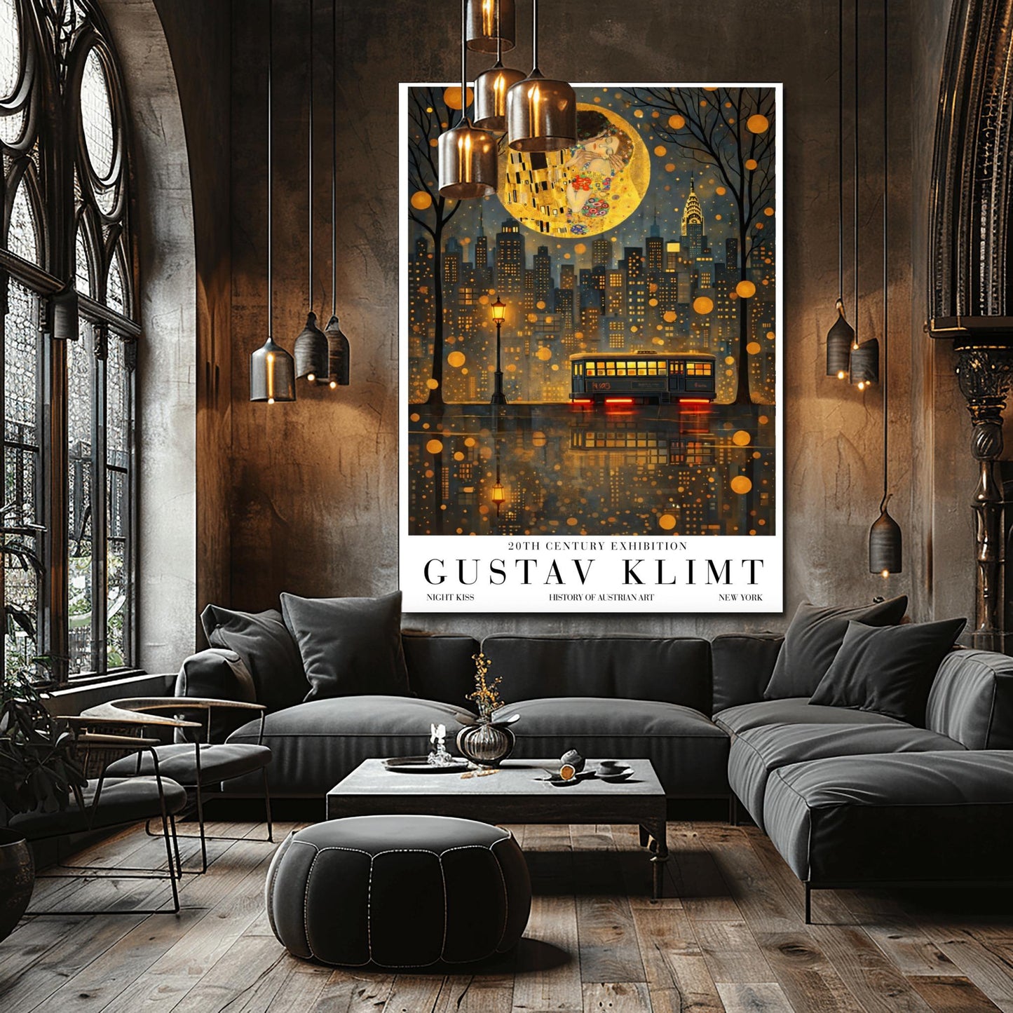 Gustav Klimt Night Kiss Exhibition Poster - New York City Skyline Wall Art