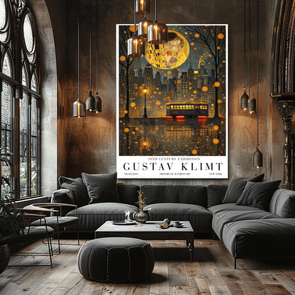 Gustav Klimt Night Kiss Exhibition Poster - New York City Skyline Wall Art