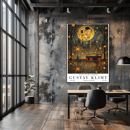 Gustav Klimt Night Kiss Exhibition Poster - New York City Skyline Wall Art