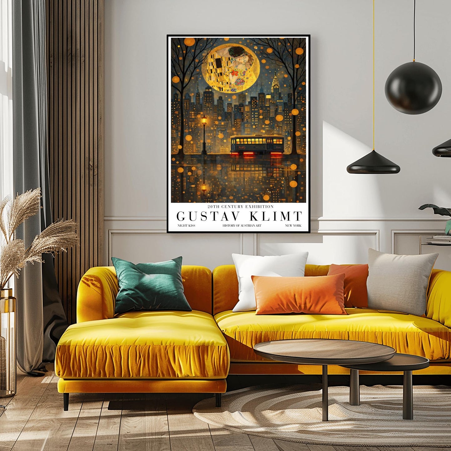Gustav Klimt Night Kiss Exhibition Poster - New York City Skyline Wall Art