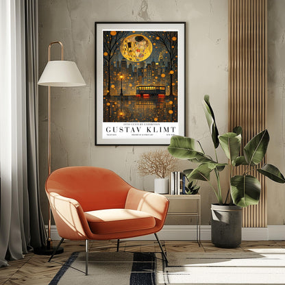 Gustav Klimt Night Kiss Exhibition Poster - New York City Skyline Wall Art