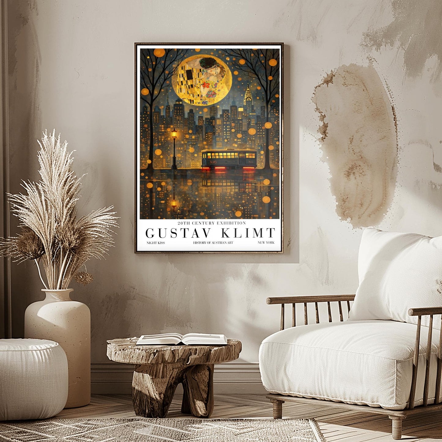 Gustav Klimt Night Kiss Exhibition Poster - New York City Skyline Wall Art
