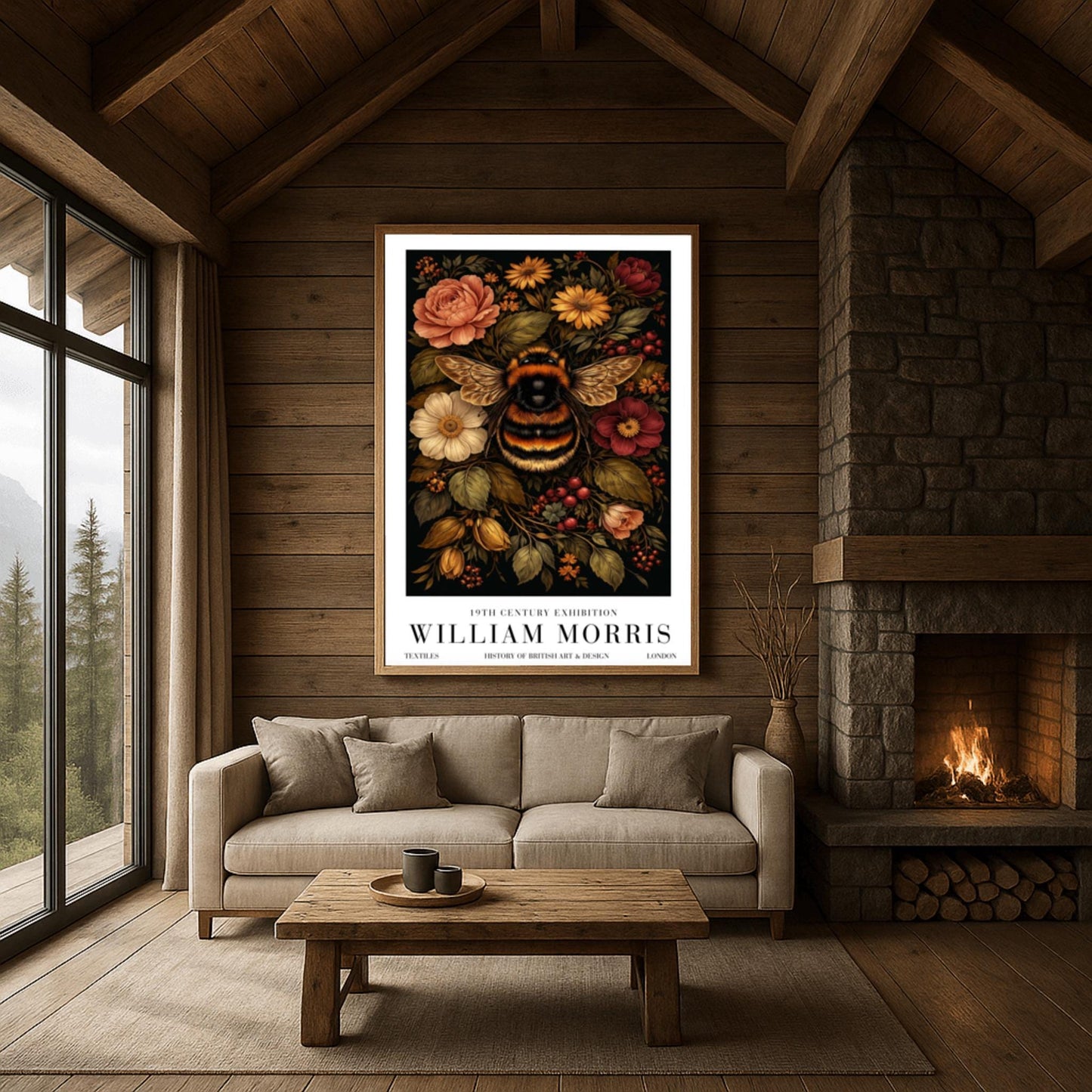 William Morris Bumble Bee Print, Vintage Floral Exhibition Poster