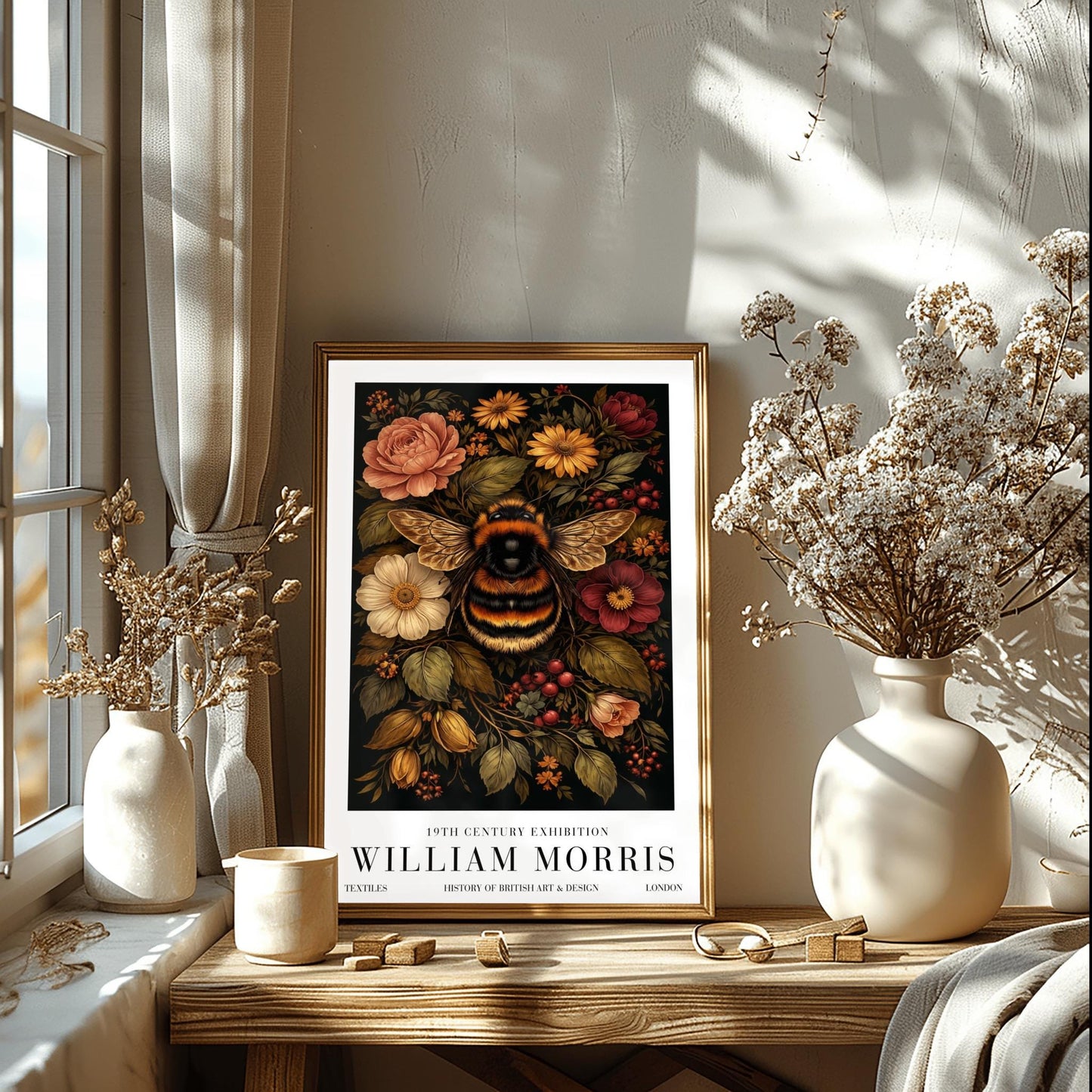 William Morris Bumble Bee Print, Vintage Floral Exhibition Poster
