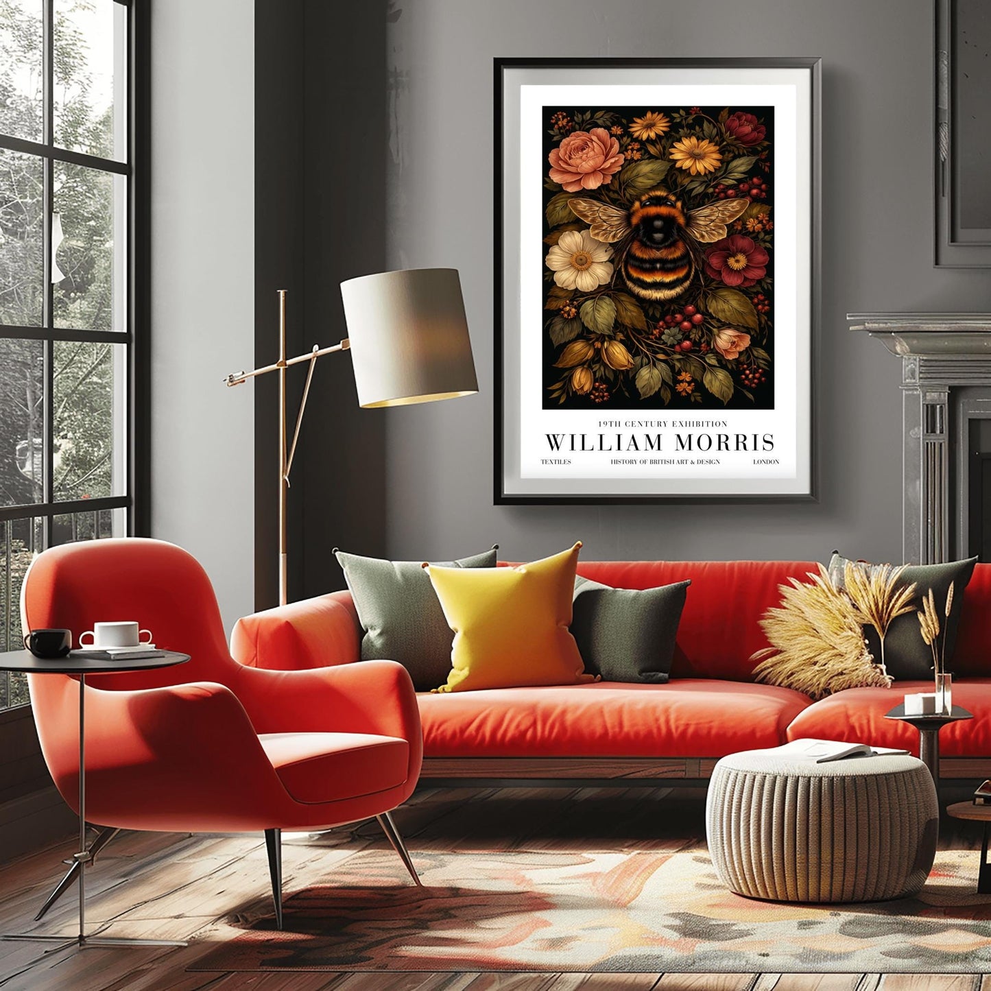 William Morris Bumble Bee Print, Vintage Floral Exhibition Poster