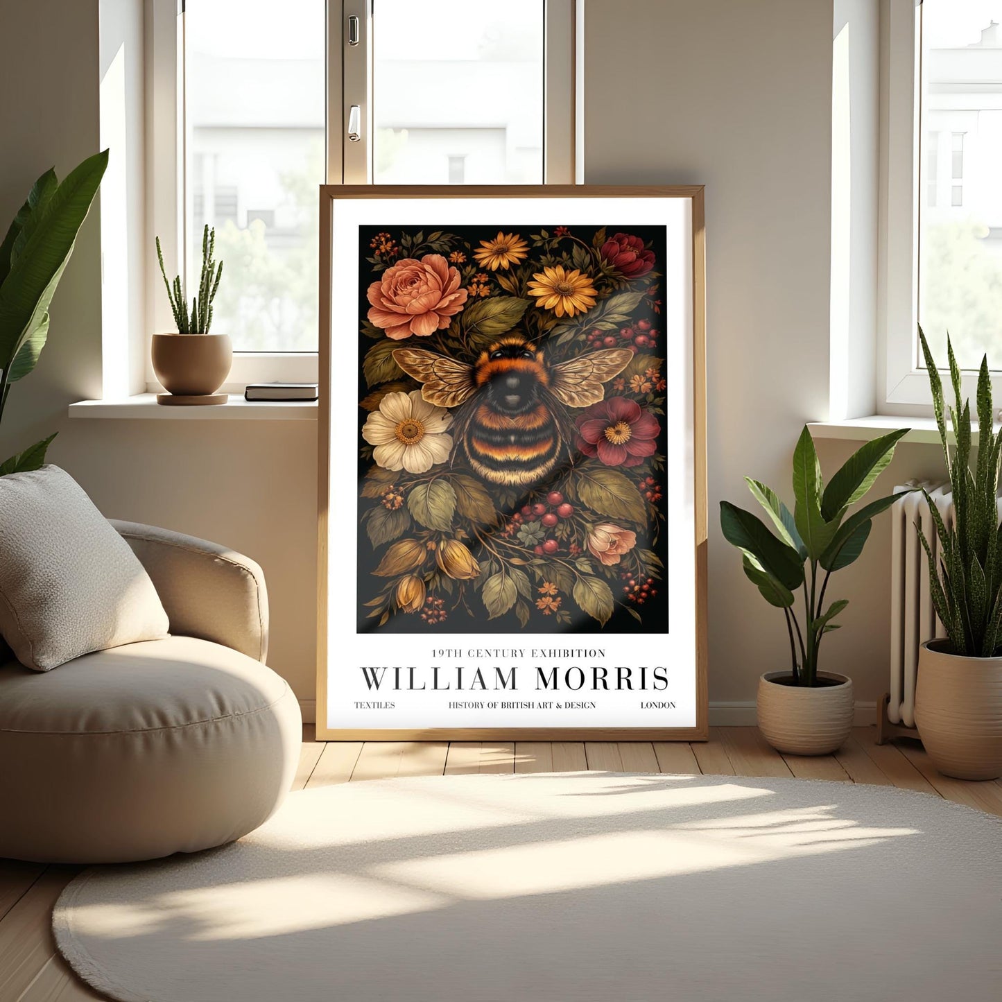 William Morris Bumble Bee Print, Vintage Floral Exhibition Poster
