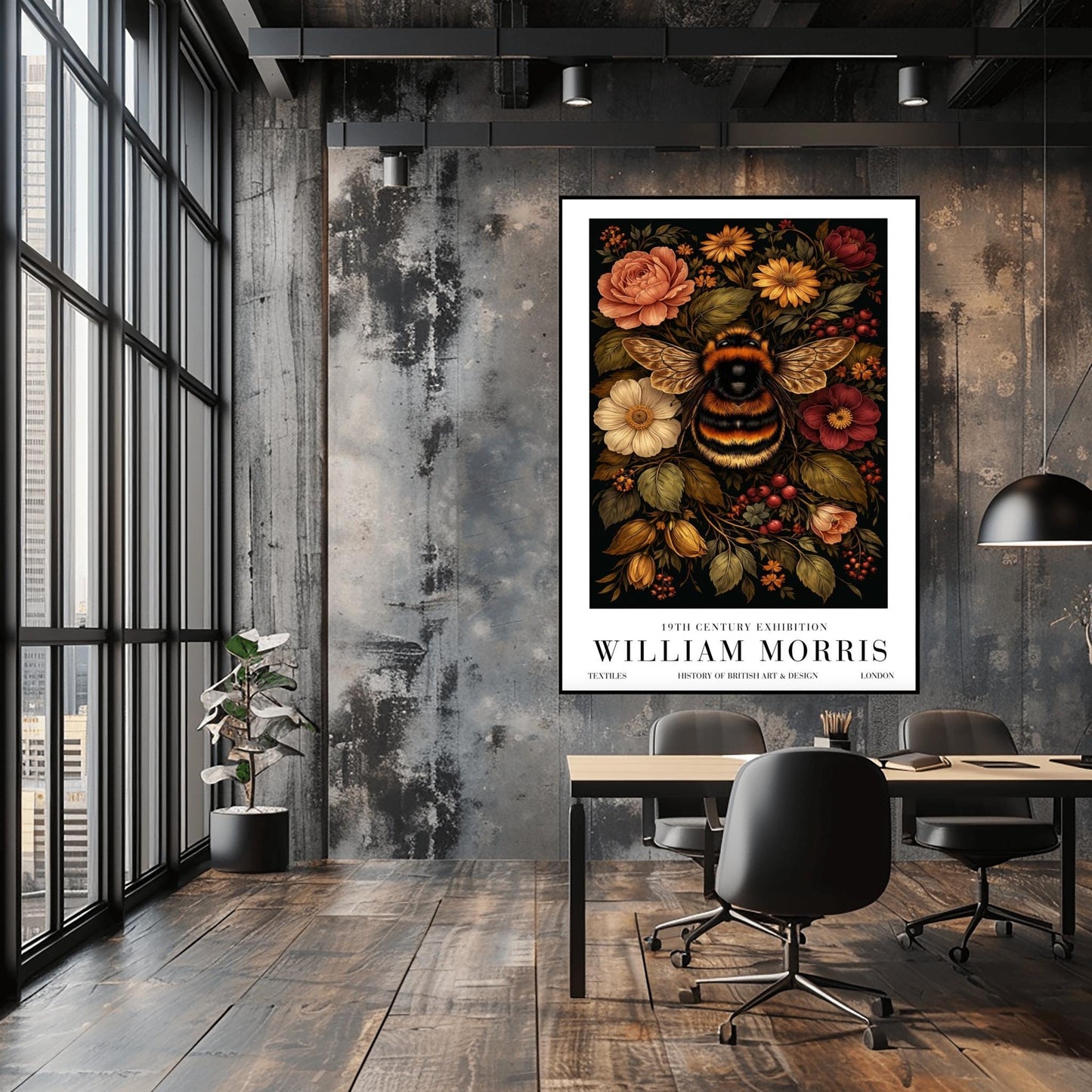 William Morris Bumble Bee Print, Vintage Floral Exhibition Poster