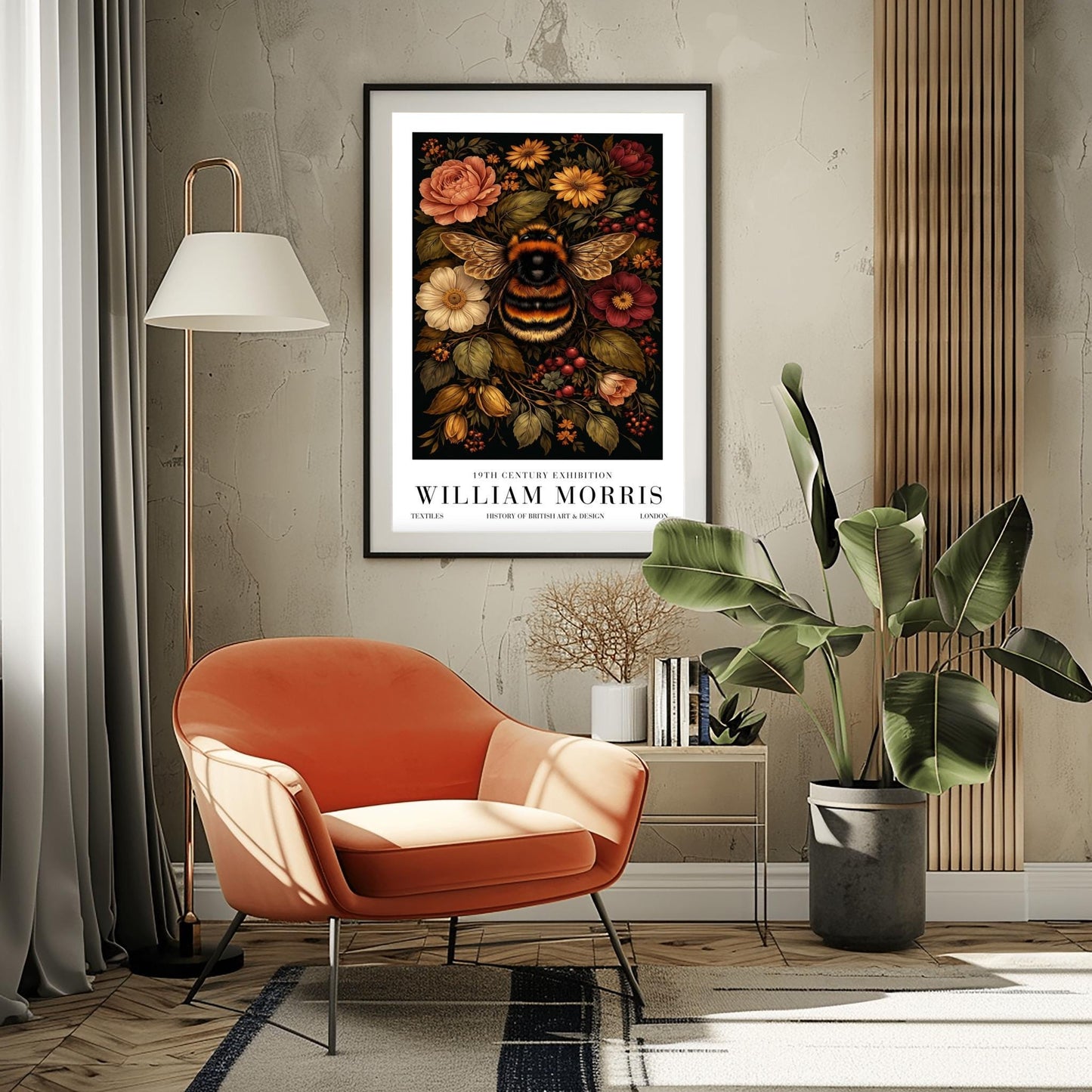 William Morris Bumble Bee Print, Vintage Floral Exhibition Poster