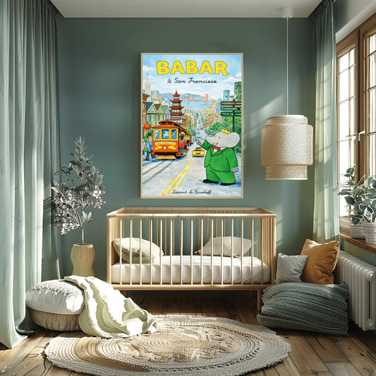 Babar the Elephant à San Francisco Poster - Vintage Cable Car Print - Laurent de Brunhoff Art