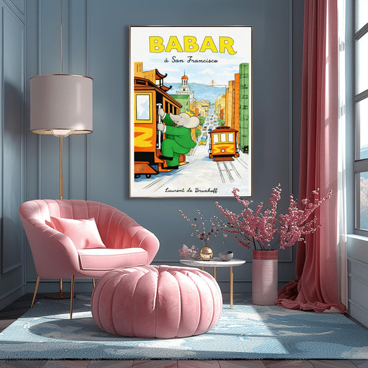 Babar the Elephant à San Francisco Poster - Vintage Cable Car Print - Laurent de Brunhoff Art
