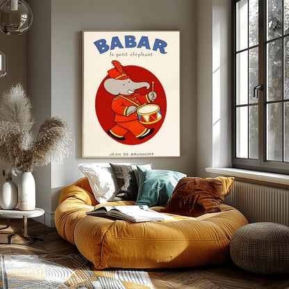 Babar the Elephant Drummer Poster - Jean de Brunhoff Illustration - Vintage French Children's Book Art