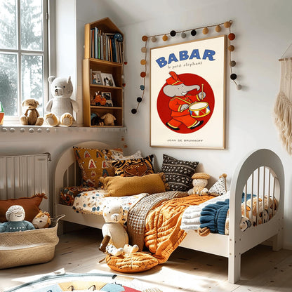 Babar the Elephant Drummer Poster - Jean de Brunhoff Illustration - Vintage French Children's Book Art