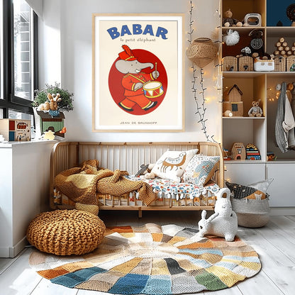 Babar the Elephant Drummer Poster - Jean de Brunhoff Illustration - Vintage French Children's Book Art