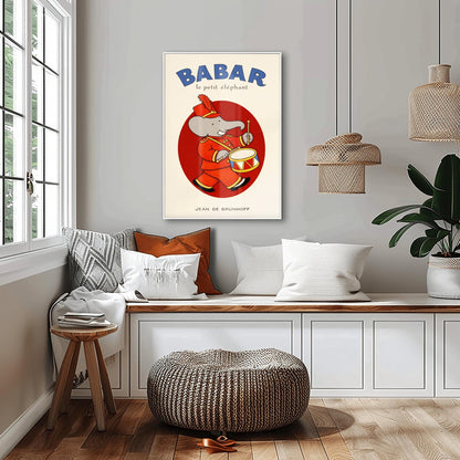 Babar the Elephant Drummer Poster - Jean de Brunhoff Illustration - Vintage French Children's Book Art