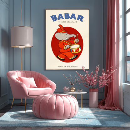 Babar the Elephant Drummer Poster - Jean de Brunhoff Illustration - Vintage French Children's Book Art