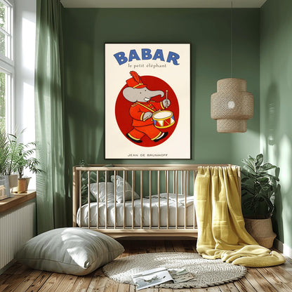Babar the Elephant Drummer Poster - Jean de Brunhoff Illustration - Vintage French Children's Book Art