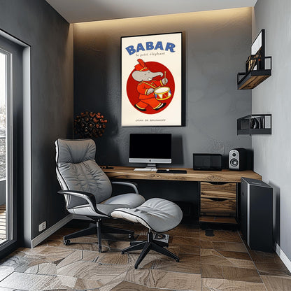 Babar the Elephant Drummer Poster - Jean de Brunhoff Illustration - Vintage French Children's Book Art