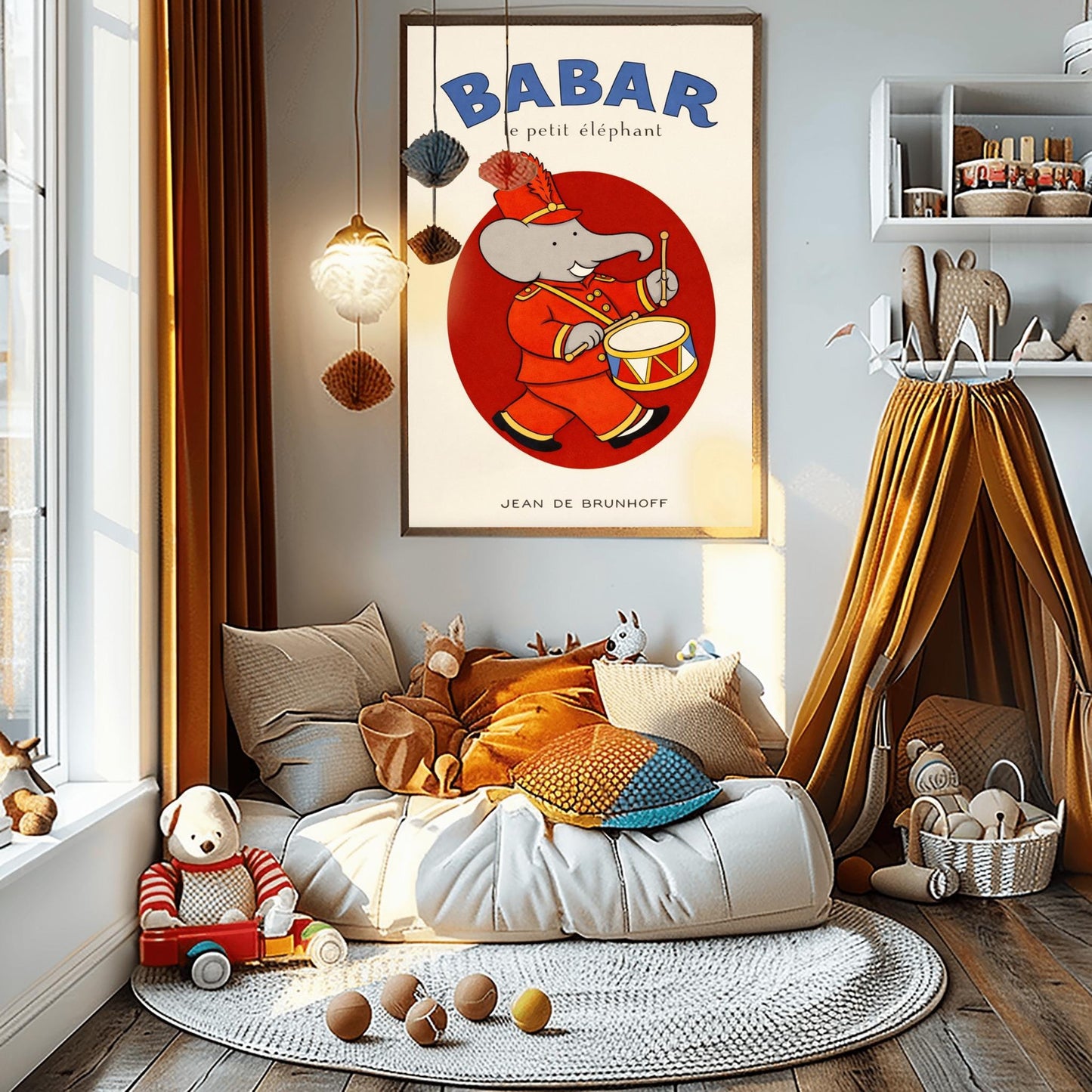 Babar the Elephant Drummer Poster - Jean de Brunhoff Illustration - Vintage French Children's Book Art