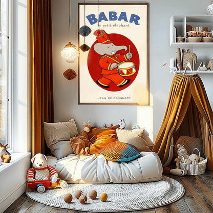 Babar the Elephant Drummer Poster - Jean de Brunhoff Illustration - Vintage French Children's Book Art