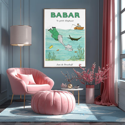 Babar the Elephant Swimming Poster - Vintage French Storybook Art - Jean de Brunhoff Illustration
