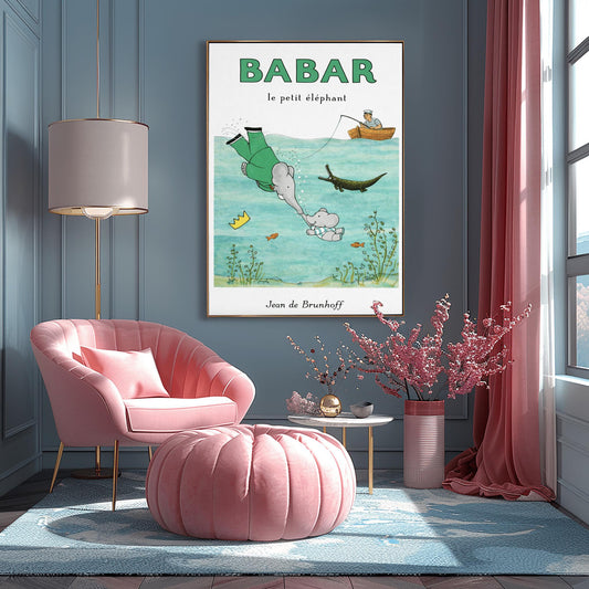 Babar the Elephant Swimming Poster - Vintage French Storybook Art - Jean de Brunhoff Illustration