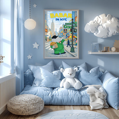 Babar in NYC Poster - Times Square New York Wall Art - Vintage Elephant Travel Print