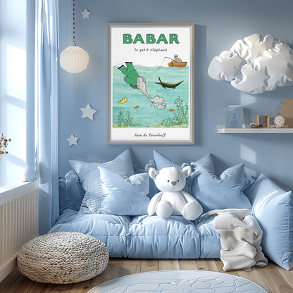 Babar the Elephant Swimming Poster - Vintage French Storybook Art - Jean de Brunhoff Illustration