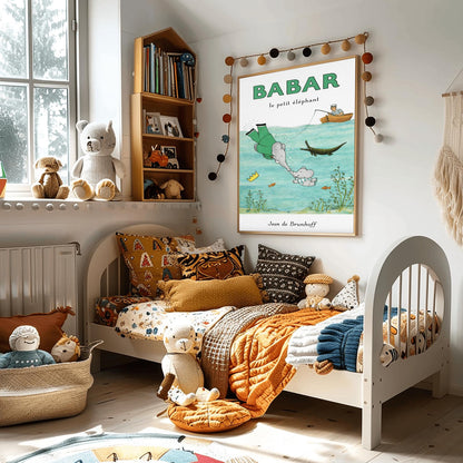 Babar the Elephant Swimming Poster - Vintage French Storybook Art - Jean de Brunhoff Illustration