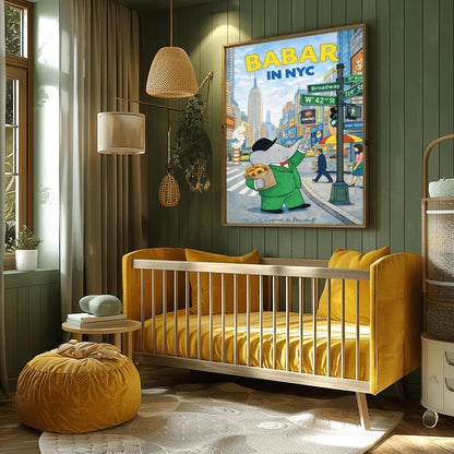 Babar in NYC Poster - Times Square New York Wall Art - Vintage Elephant Travel Print