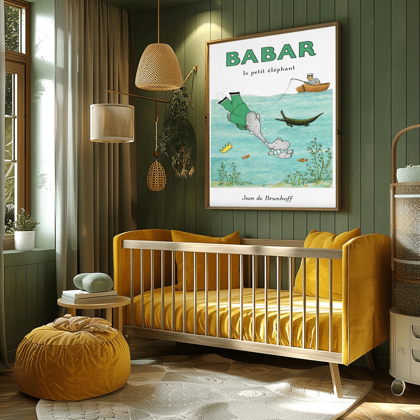 Babar the Elephant Swimming Poster - Vintage French Storybook Art - Jean de Brunhoff Illustration